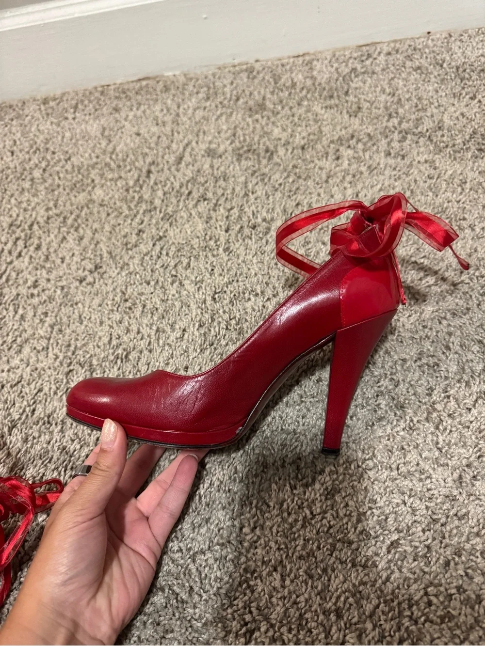 Red Ribbon-Ankle High Heel Pumps for Women